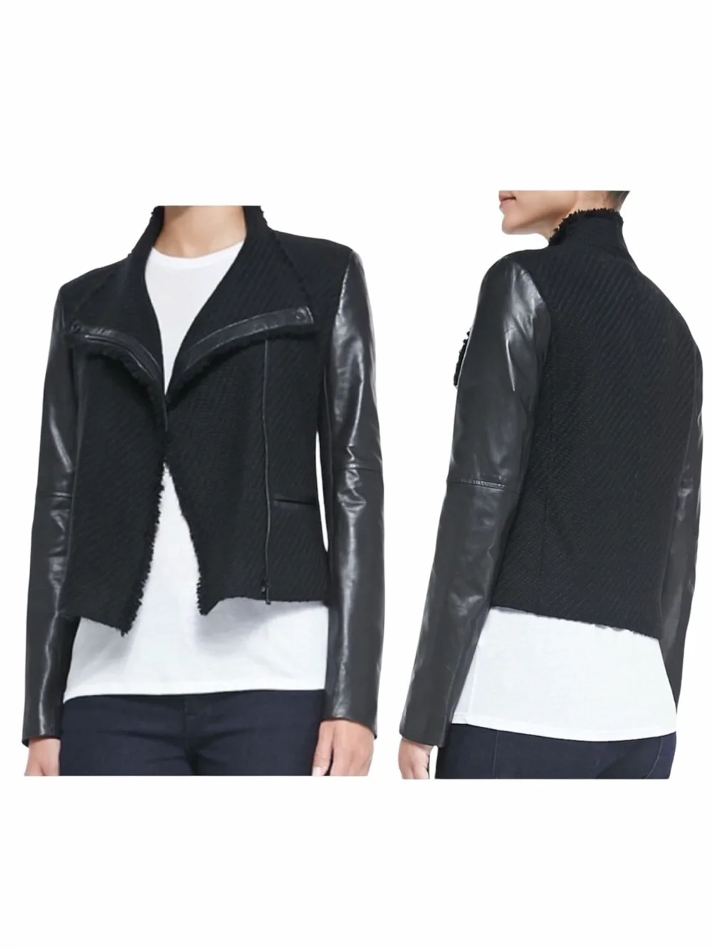 VINCE Black Lamb Leather Wool Boucle Tweed Cropped Moto Jacket. Size XS.
